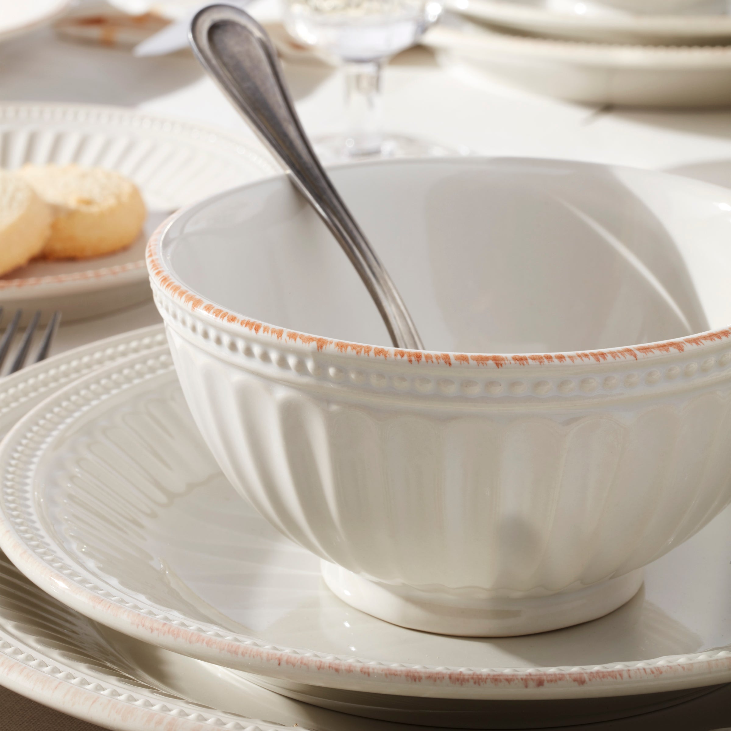 White Beaded Groove Stoneware Dinnerware Set, 18-Piece - Image 4