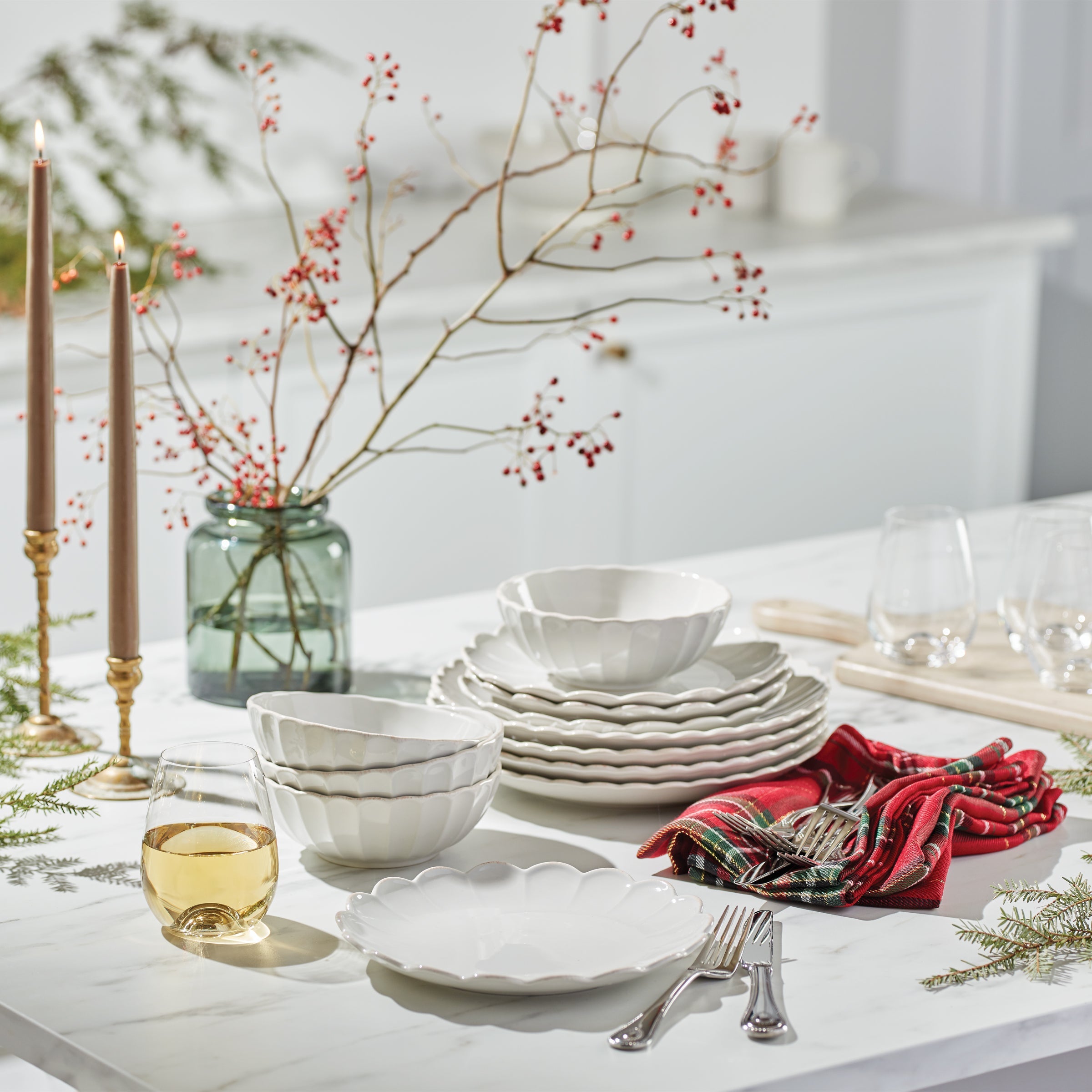 White Scalloped Stoneware Dinnerware Set, 12-Piece - Image 11