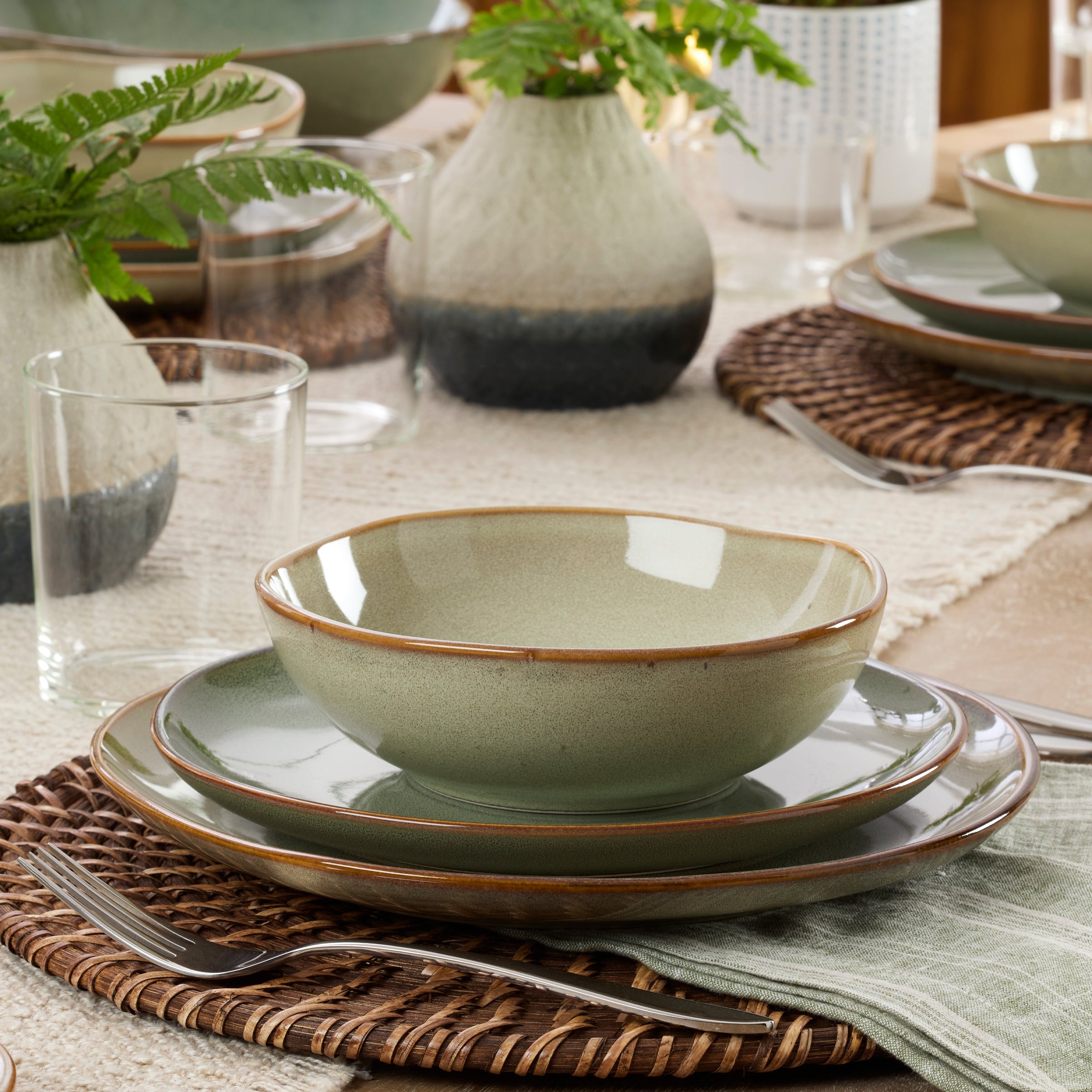 Sage Green Stoneware Dinnerware Set, 12-Piece - Image 3