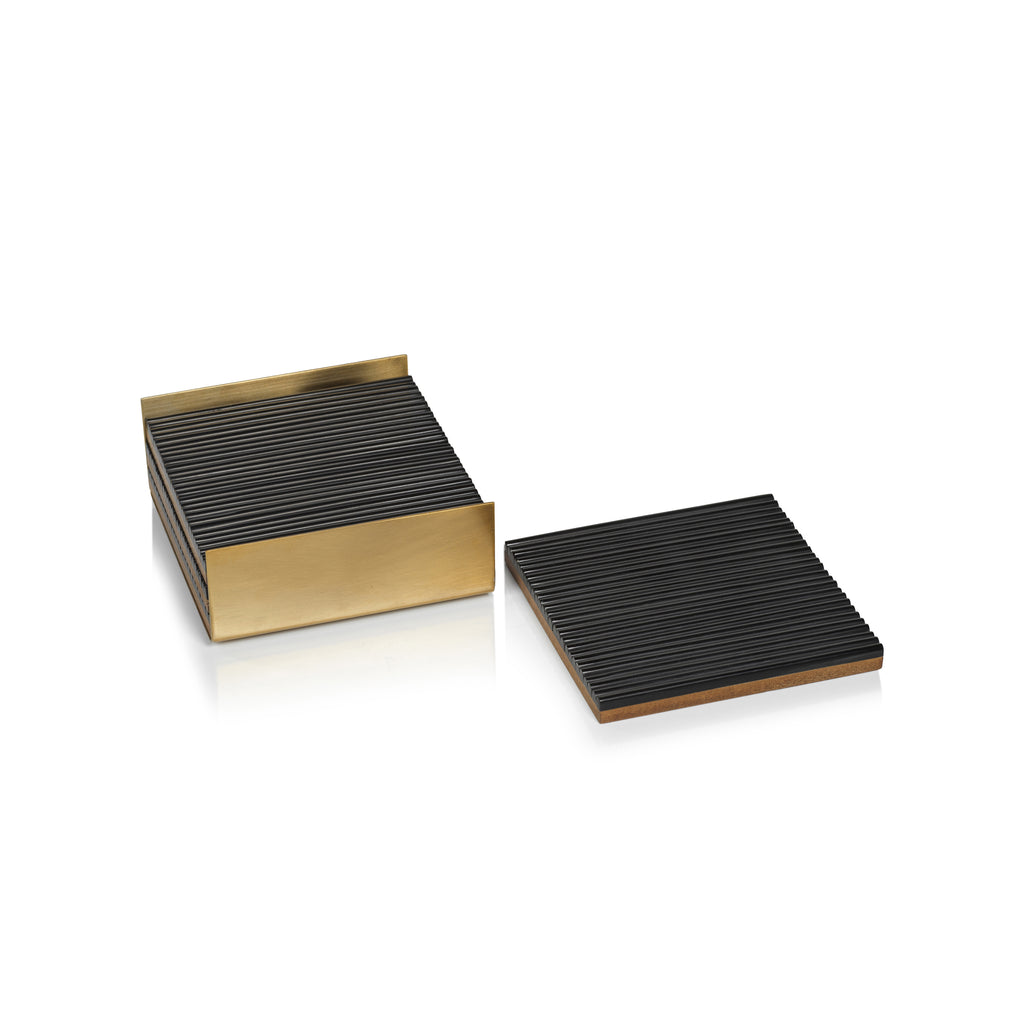 Ribbed Bone Coasters with Brass Tray - Set of 4 - Image 2