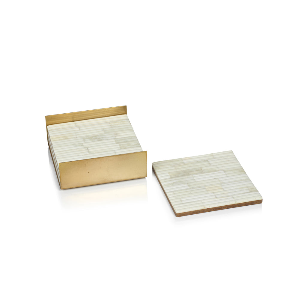 Ribbed Bone Coasters with Brass Tray - Set of 4 - Image 3