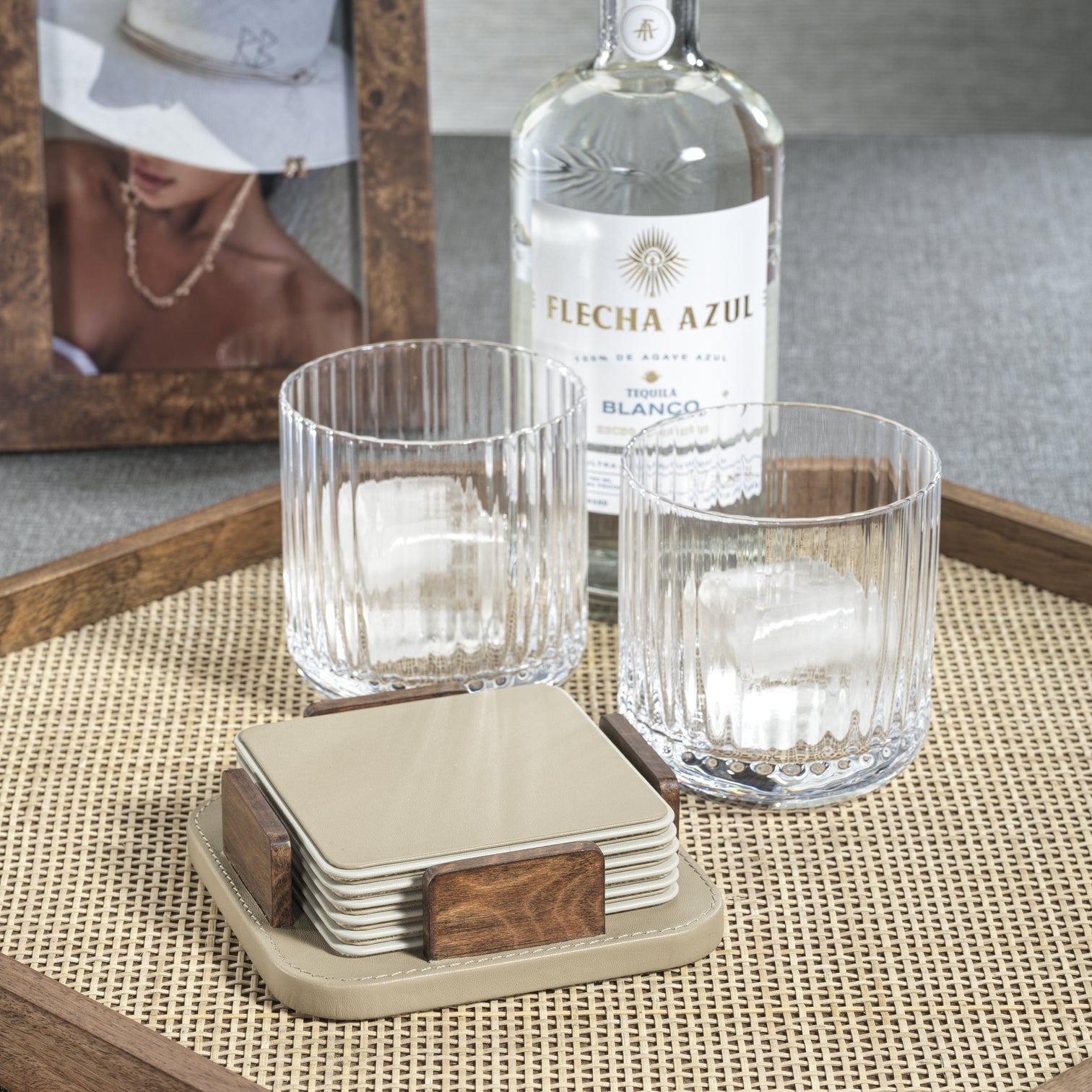 Cappuccino Leather and Burl Veneer Coasters - Set of 6 - Image 2